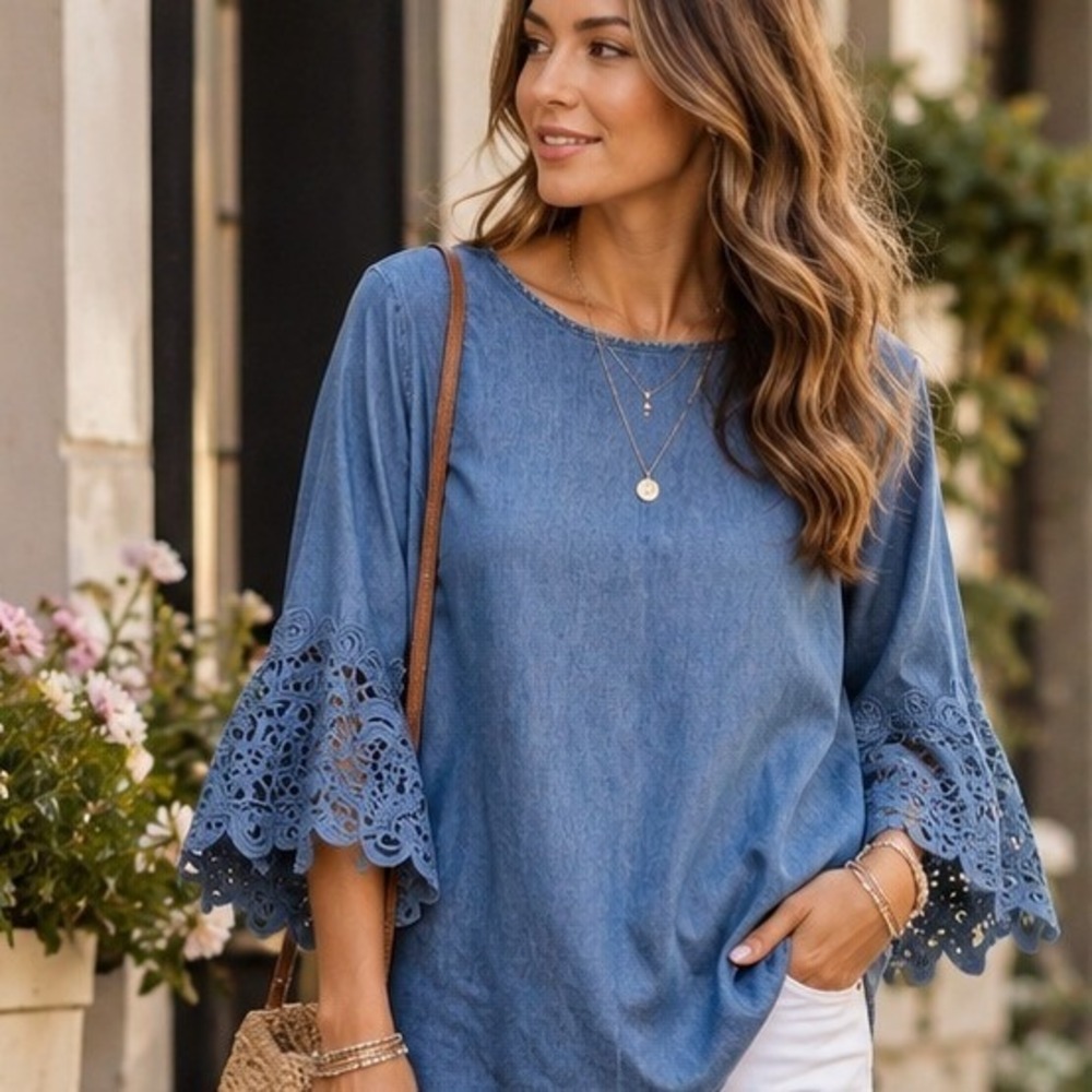Hester &‎ Orchid Chambray Lace Sleeve Tie Back Blouse Top Small Relaxed Fit